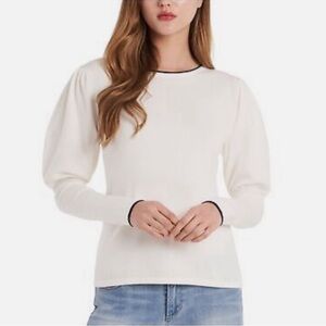 Riley & Rae Cosette Cream Puff Sleeve Sweater with Navy Trim Size Large